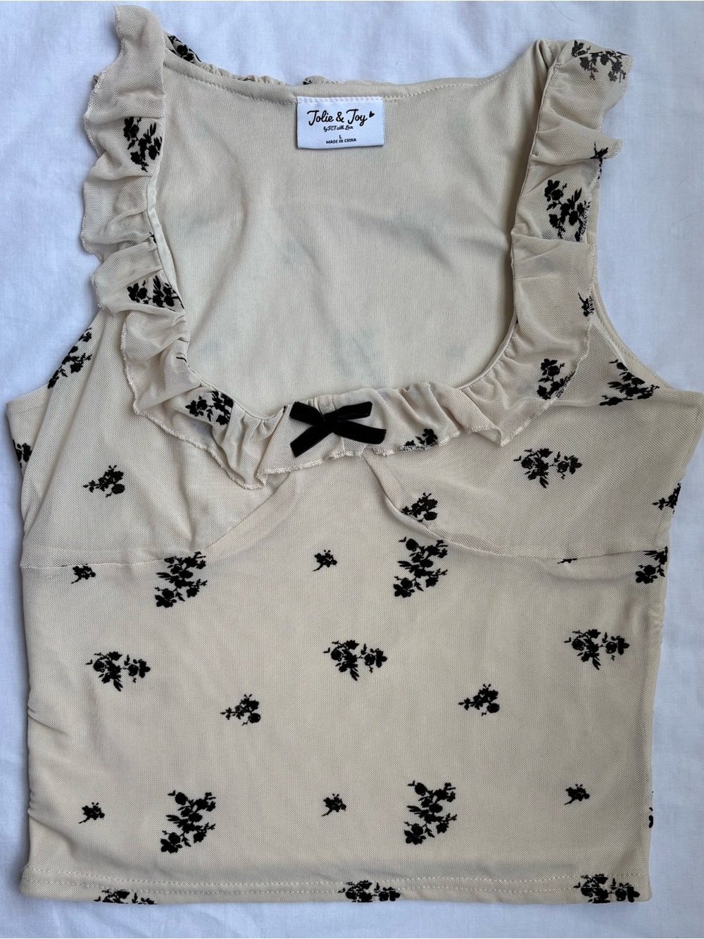 Jolie & Joy Floral Ruffle Bow Top L Cream Black Coquette